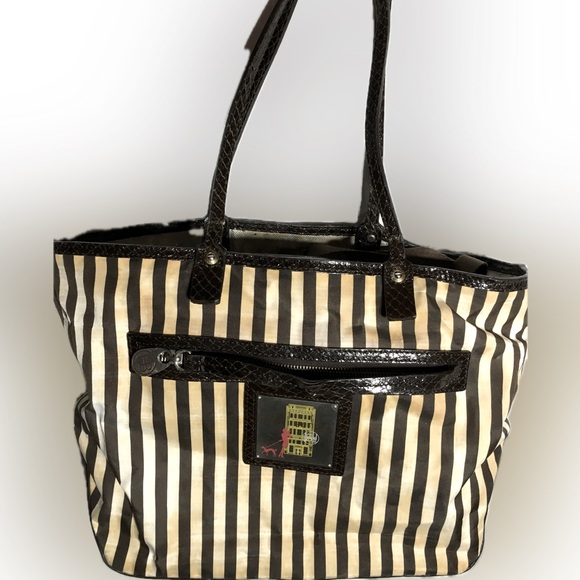 Henri Bendel Striped Tote Handbag Signature Dark Brown &...